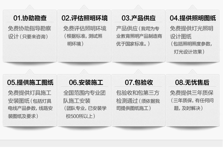 我司提供一站式教育照明解決方案：1、免費（fèi）協助指導勘察設計（隻（zhī）要來谘（zī）詢）2、免費評估照明環境（根據標準，測試照明環境）3、產品供應（我司為專業教育（yù）照明產品製造商，優於（yú）國家標準。）4、免費提供燈光照明設計圖紙（包括照明照度參數，燈光設計效果）5、免費提供燈具施工安裝圖紙（包括燈具/電線（xiàn）產品參數，線路安裝圖紙及要求（qiú））6、全國範圍內專業團隊施（shī）工安裝（zhuāng）（團（tuán）隊專業（yè），已安裝學（xué）校500所以上）7、包驗收和包第三方檢測通（tōng）過（須依據我司提供圖（tú）紙施工）8、免費提供三年（nián）質保（三（sān）年質保，有任何問題，及時解決）
